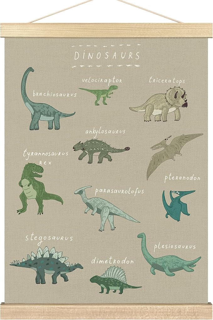 BCUANGD Dinosaur Dino Wall Decor - Beige Baby Toddler Boys Room Wall Art Poster Hanger with Wood Frames, Inspirational Wall Hanging Canvas Decor for Kids Room Nursery Bedroom, 12x16 Inches