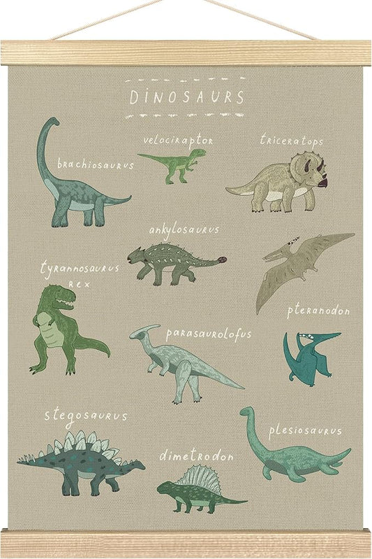 BCUANGD Dinosaur Dino Wall Decor - Beige Baby Toddler Boys Room Wall Art Poster Hanger with Wood Frames, Inspirational Wall Hanging Canvas Decor for Kids Room Nursery Bedroom, 12x16 Inches