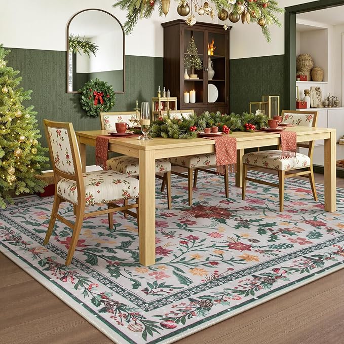 Wonnitar Christmas Rug for Living Room, Christmas Home Decor 8x10 Washable Rug, Ultra-Thin Soft Holiday Floral Print Non Slip Winter Indoor Carpet for Bedroom Kids Room Xmas Dining Room