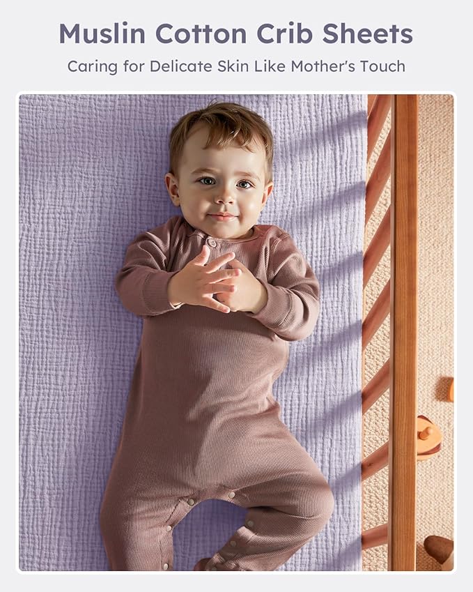Muslin Crib Sheets for Boys Girls, 100% Cotton Fitted Crib Sheet 2 Pack for Standard Crib and Toddler Mattress, Breathable Soft Baby Sheet 28x52x8in Pink & Purple