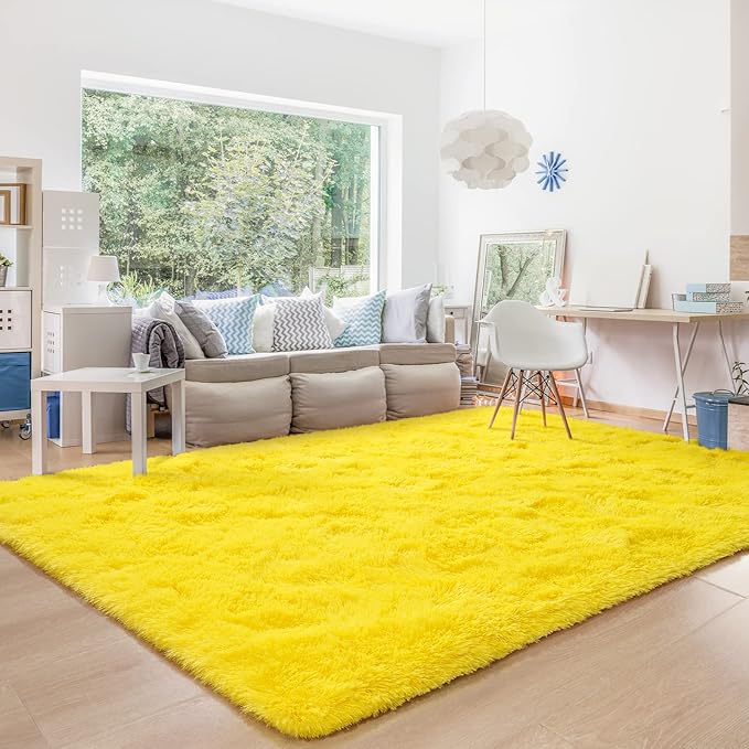 BENRON Fluffy Rugs for Living Room 5x8 Yellow, Washable Large Area Rugs for Bedroom Dining Table Office Kids Nursery Room, Washable Indoor Floor Carpets