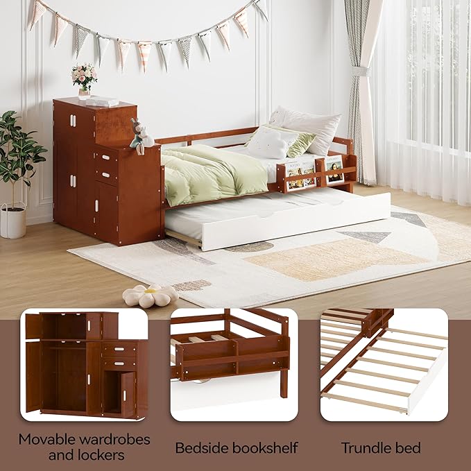 Merax Twin Size Corner Bed with Trundle and Drawers, Wooden Daybed Frame with Storage Cabinets, Bookshelves, and Safety Guardrail, Twin Bed Frame for Kids, Boys Girls, Easy Assembly,Walnut