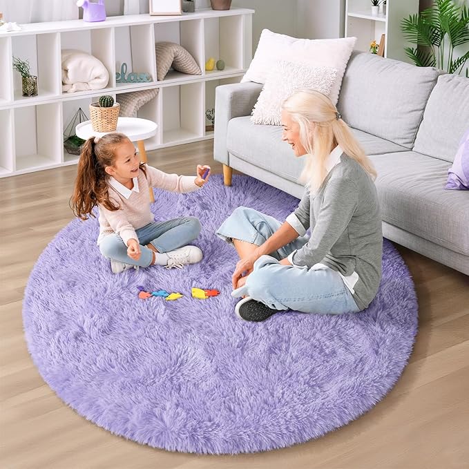 EVOIONOS Lavender Purple Round Rug for Bedroom, 4x4 Ft Fluffy Soft Circle Area Rugs Living Room, Plush Shaggy Circular Carpet Indoor Floor Bedside Kids Nursery, Machine-Washable Home Decor Aesthetic
