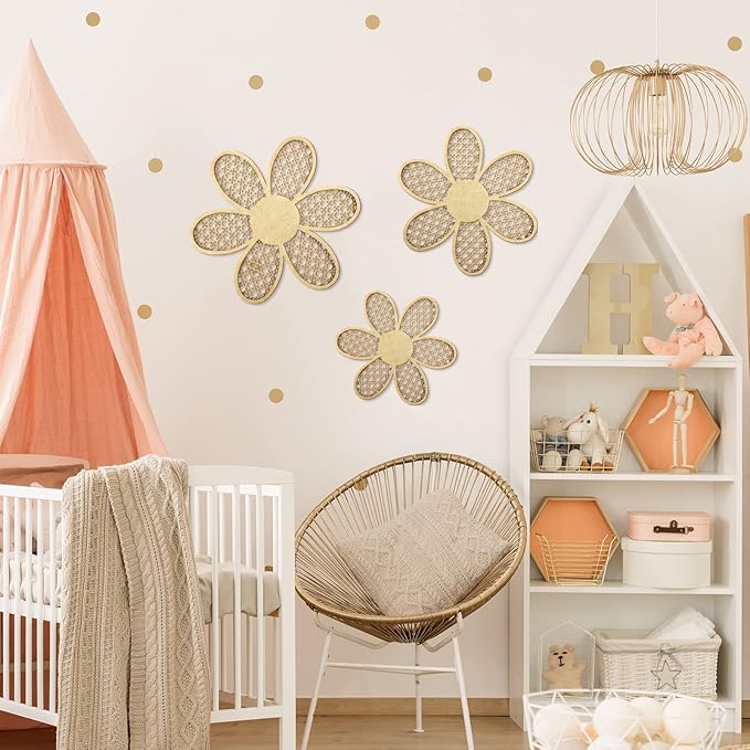 Maitys 3 Pieces Boho Daisy Wall Decor Natural Rattan Flower Wall Hanging Art Wooden Boho Art Nursery Flowers Farmhouse Hanging Decor for Home Office Nursery(Wooden Color)