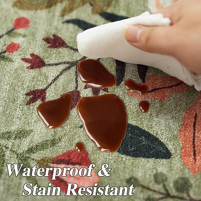 5x7 Washable Area Rug for Living Room, Floral Non-Slip Non-Shedding & Easy Care, Soft Low Pile Boho Indoor Floor Carpet for Living Room, Bedroom, Farmhouse, Dining Room, Kids Playroom, Green