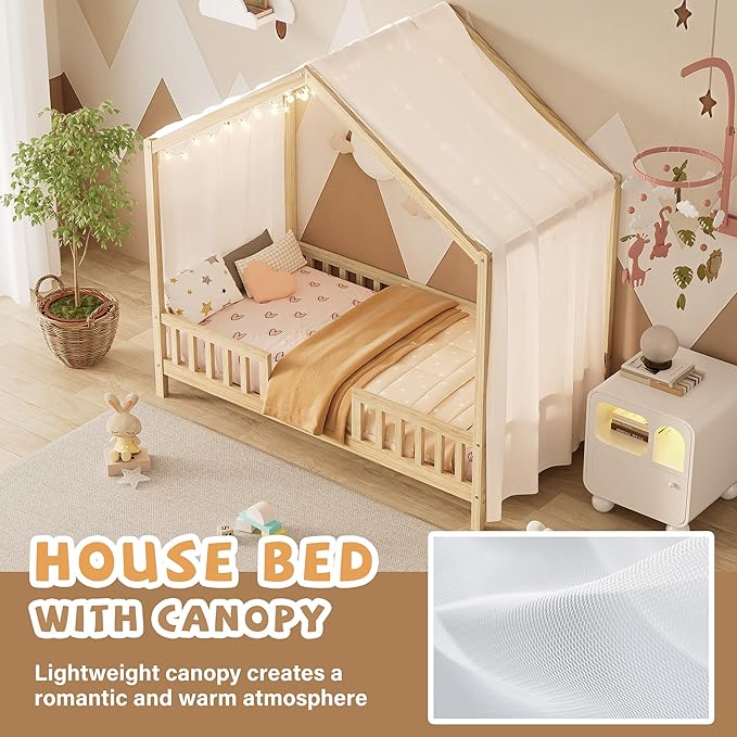 Montessori Floor Bed with Canopy, High Railings and Roof, Twin Size Wood House Bed Frame for Kids Bedroom (Natural/C2)