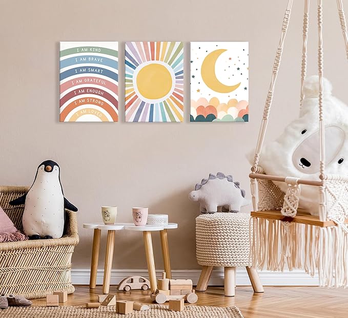 KBIERQN 3Pcs Boho Sun moon Canvas Wall Art Nursery Positive Affirmations Rainbow Poster Prints Bohemian Star Heart Picture for Toddler Baby Girls Room Playroom Bedroom Wall Decor 12x16in Framed
