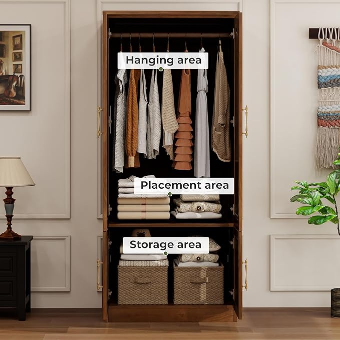 Solid Wood Wardrobe Closet:TemkTuek 70.87" Armoire,Clothing Storage Cabinet with Doors,Shelves and Hanging Rails,Vintage Freestanding,Bedroom,Wood Grain Color(22)
