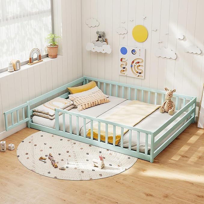 KOMFOTT Full Size Wood Floor Bed with Door & Fence, Montessori Bed Frame with Full Length Safety Guardrails, Door & Latch, Wooden Montessori Floor Bed for Kids, Girls, Boys (Full,Light Green)