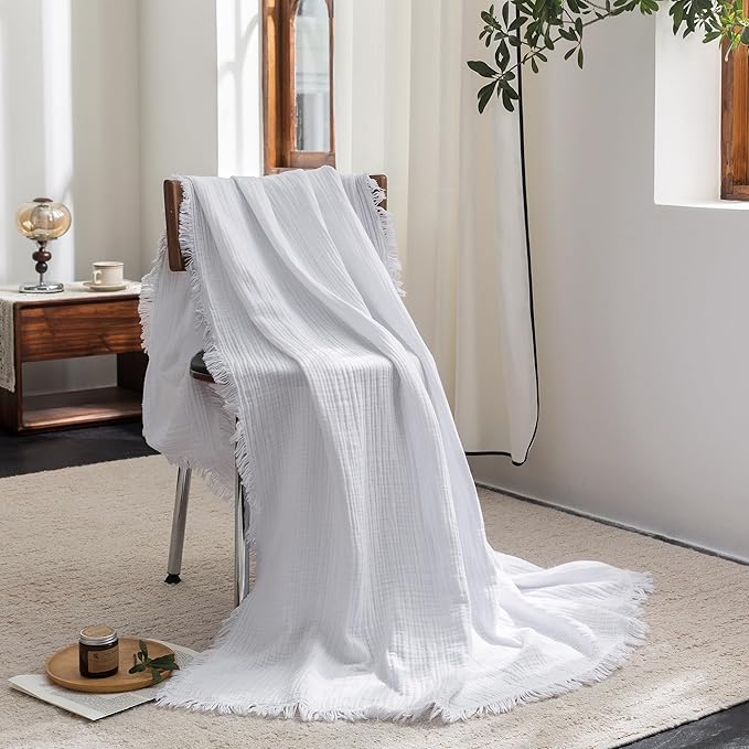 FOSSA Muslin Blanket with Fringe - 4-Layer 100% Cotton Gauze Super Soft & Breathable Throw -Lightweight Decorative Cooling Blanket for Bed, Sofa, Office -Super King 108" x 98" (Bright White)