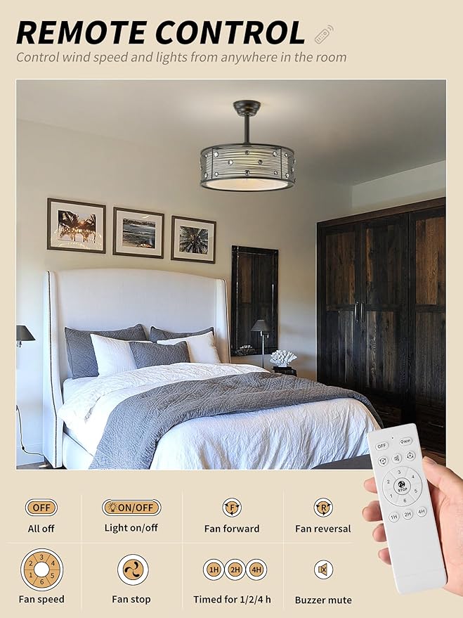 20" Black Fandelier Ceiling Fan with Light, Chandelier Ceiling Fans with Lights Remote Control, Caged with 6 Speeds for Bedroom, Living Room, Nursery