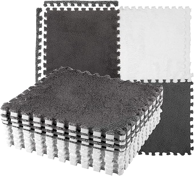 12 pcs Plush Puzzle Foam Floor Mat for Kids- Thick Interlocking Fluffy Tiles with Border Square Rug Split Joint Soft Climbing Carpet Mats Shaggy Area Rug for Room Floor(11.8'', White & Gray)