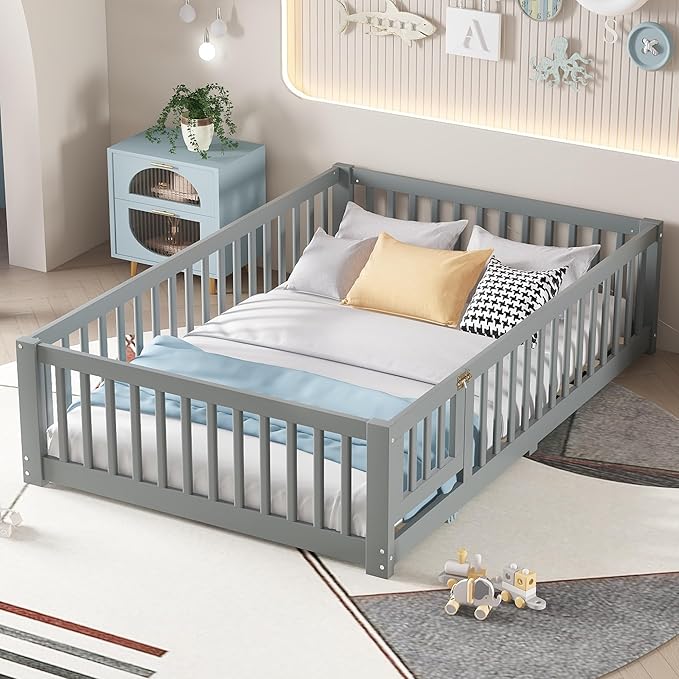 Harper & Bright Designs Full Floor Bed with Safety High Fence, Wood Montessori Bed with Door, Full Size Floor Beds with Solid Wood Support Slats for Boys, Girls, Kids, Gray