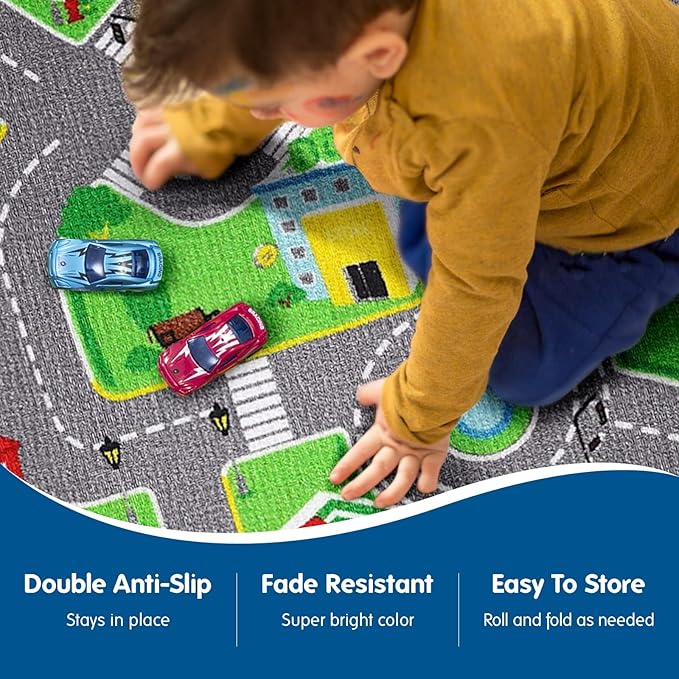 Booooom Jackson Car Rug City Life Great for Kids Toy Cars, Play Learn and Have Fun Safely - Kids Rug Baby Children Educational Road Traffic Play Mat for Bedroom Play Room Game Safe Area(39.37X79 Inch)