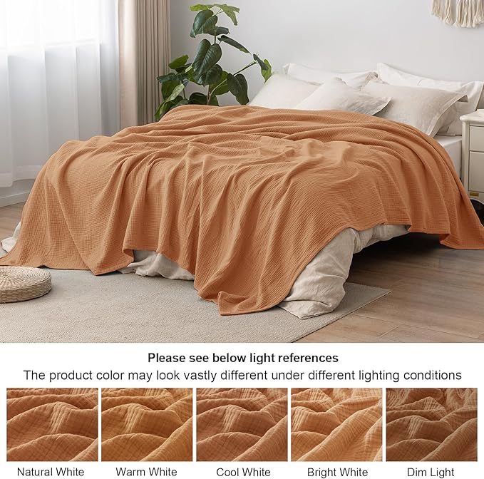 PHF 100% Cotton Muslin Blanket Twin XL Size 66"x90", 4-Layer Lightweight Gauze Throw, Breathable Cloud-Soft Minimalist Blanket for Bed, Couch, Camping & Baby, Caramel, Ideal Gift
