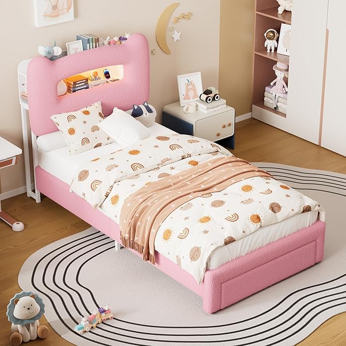 GarveeHome LED Twin Bed Frame with 2-Tier Storage Headboard, Upholstered Platform Bed with Charging Station and Drawer for Kids/Girls/Boys, Heavy Duty Metal Support, No Box Spring Needed, Pink