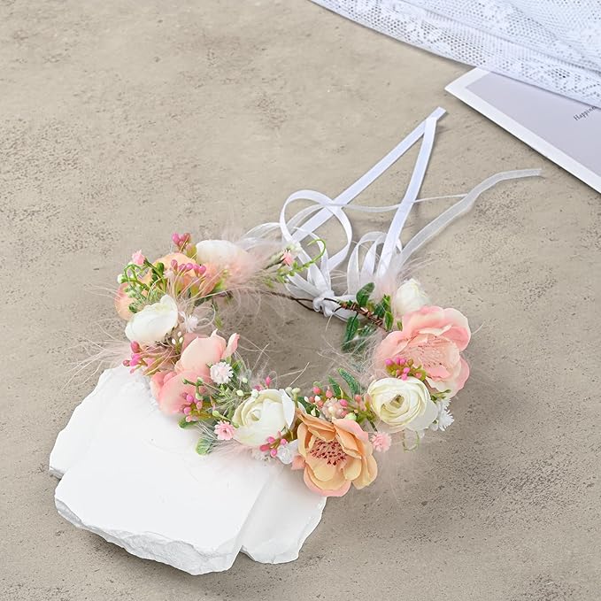Baby Girls Flower Crown Flower Girl Headpiece boho Little Wreaths for Weddings, Family photography (Champagne White)