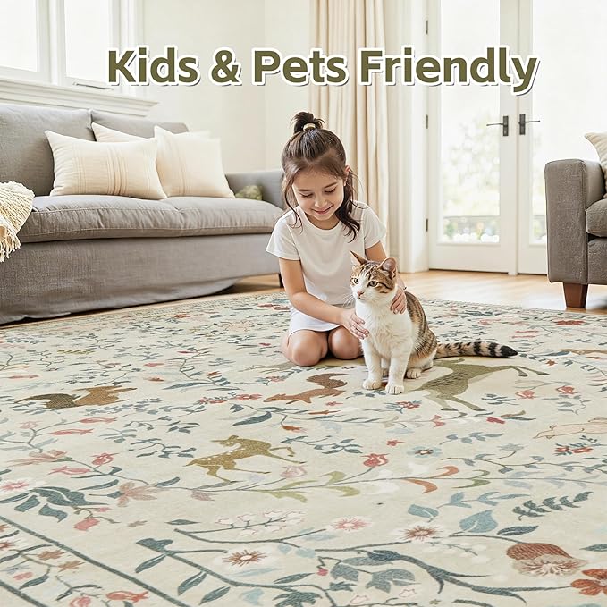 8x10 Area Rugs for Living Room Floral Animal Print Carpet Washable Non-Slip Large Rug Low Pile for Indoor Bedroom Dining Room Nursery Home Office Farmhouse Kids Play Room Beige