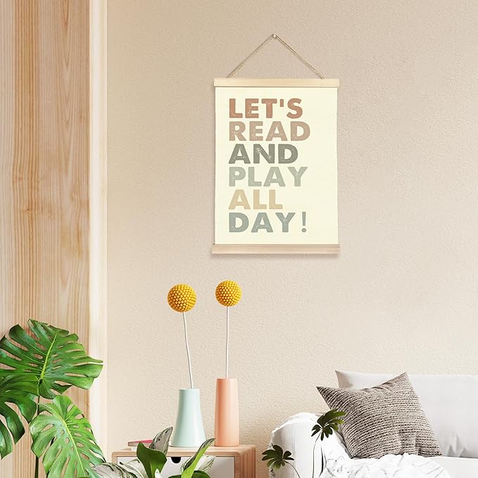 Hiuwevt Kids Playroom Wall Art, Boho Nursery Poster Hanger Frame, Boho Classroom Decor, Let's Read and Play All Day Wall Art Home Decor for Kids Boys Girls Bedroom Room Playroom, 12x16 Inch