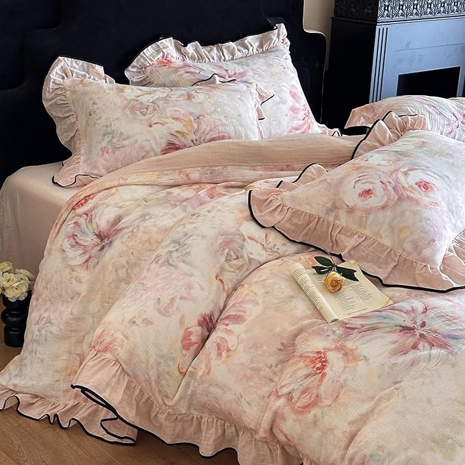 HighBuy Pink Floral Pure Linen Duvet Cover Set Twin,Ruffle Comforter Cover Chic Cottagecore Yarn-Dyed Breathable for Teen Girls,3 Piece Farmhouse Bedding Set(1 Duvet Cover,2 Pillowcases)