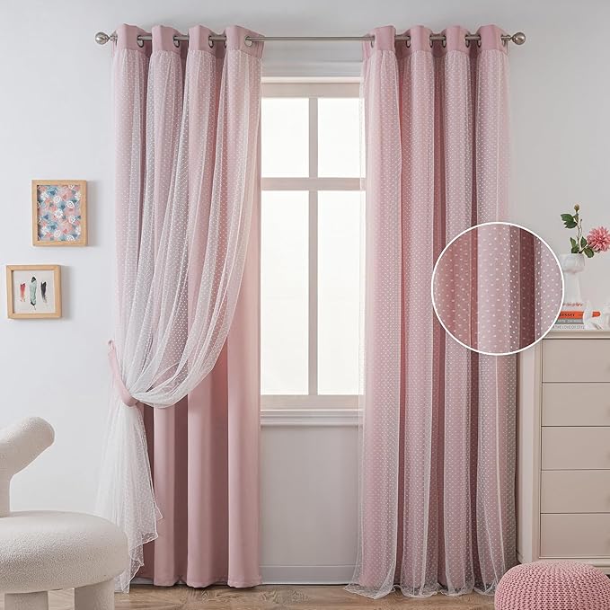 MYSKY HOME Pink Curtains for Girls Bedroom & Nursery Kids Blackout Cute Curtains Double Layer with Polka Dots Sheer, Grommet Tops, 52x84 Inch, 2 Panels