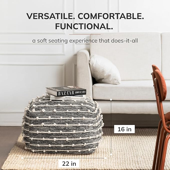Anji Mountain 100% Handmade & Handcrafted Comfortable Home Décor Pouf Ottoman Footrest for Living Room, Bedroom, Nursery, Kidsroom, Patio Furniture - (22" x 22" x 16"- Black,Ivory)