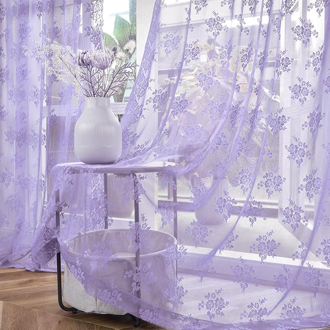 Kotile Light Purple Sheer Curtains 63 Inch Length 2 Panels Rustic Floral Cottagecore Lavender Lace Curtains for Girls Bedroom, Rod Pocket Light Filtering Privacy Sheer Window Drapes, 52 x 63 Inch