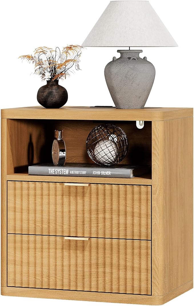 Fluted Nightstand with Charging Station, 21.7" Wide Modern Night Stand with 2 Drawers Open Storage Cabinet, Wooden Bedside End Table for Bedroom, Natural Oak