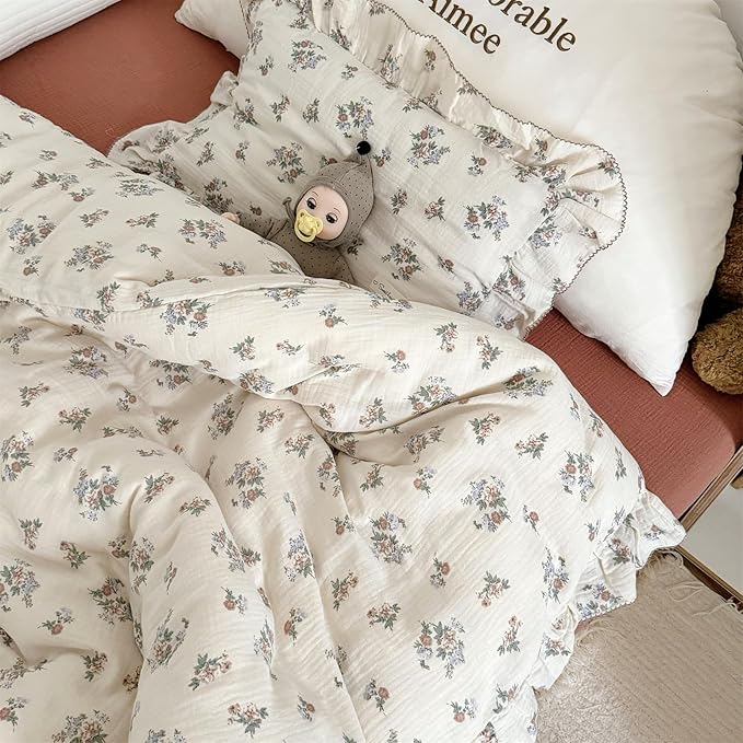 AOJIM Muslin Cotton Duvet Cover with Floral Patterns, 1pc Super Soft Kids Adults Bedding Comforter Cover 2-layer Gauze, Ruffled Edges Floral Print Duvet Protector Twin Size 68X86'', No Quilt or Pillow