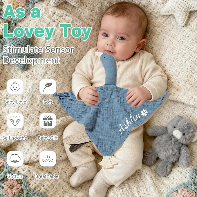 Personalization Baby Lovey Blanket,Organic Cotton Muslin Security Blanket with Cute Goose Design | Hypoallergenic Newborn Gift for Christening, Baby Shower & Nursery Essentials