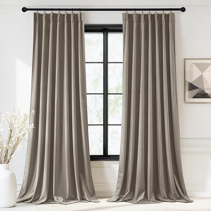 StangH Camel Beige Pinch Pleated Curtains 96 inches Long, Luxury Velvet Thermal Insulated Window Treatments Neutral Elegant Home Decor for Bedroom Living Room, W40 x L96, 2 Panels