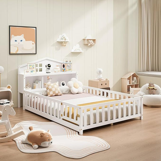 Bellemave Full Size Floor Bed for Kids, Girls, Boys, Solid Wood Montessori Bed with Storage headboard, Door, Storage, White