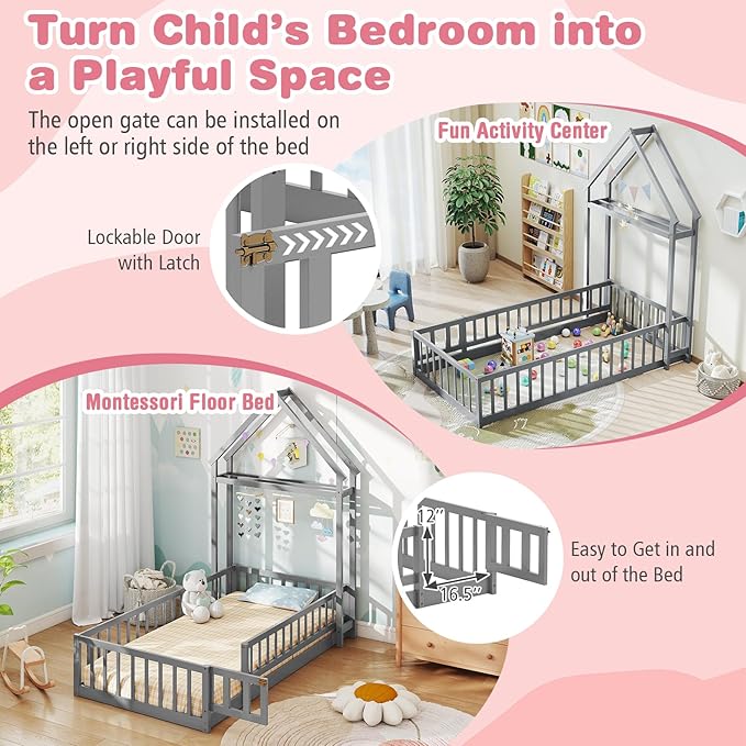 MAT EXPERT Twin Floor Bed with House-Shaped Headboard, Montessori Kids Bed with Detachable Clothes Hanger, Full Length Safety Guardrails, Solid Wood Twin Bed Frames for Kids (Gray)