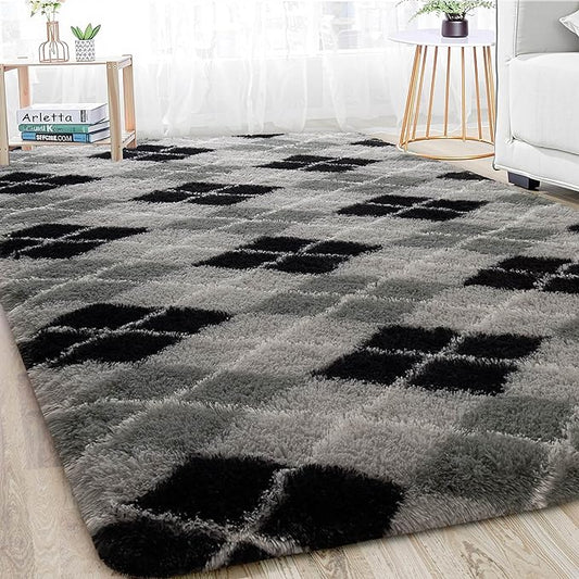 Meralax Black and Grey Checkered Area Rug, Geometric 4x6 Soft Fluffy Rugs for Living Room Bedroom, Machine Washable Shaggy Rugs Indoor Floor Carpet for Kids, Girls, Dorms, Home Decor Aesthetic