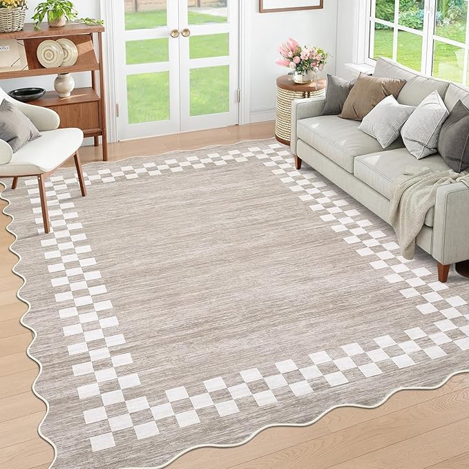 GarveeHome 4x6 Area Rug Small Washable Living Room Rug Scalloped Rug with Rubber Backing Stain Resistant Low Pile Dining Room Throw Carpet Modern Bordered Mat for Bedroom Kitchen, Fog