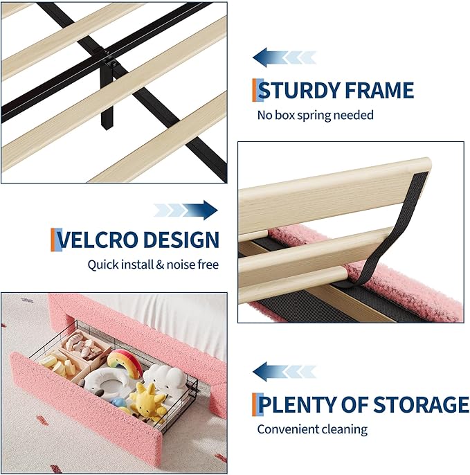 IDEALHOUSE Twin Bed Frame with LED Headboard and Under-Bed Drawer, Metal Upholstered Platform Bed with LED Light for Kids, Girls, Lamb Fleece Fabric, Wooden Slats Support, No Box Spring Needed, Pink
