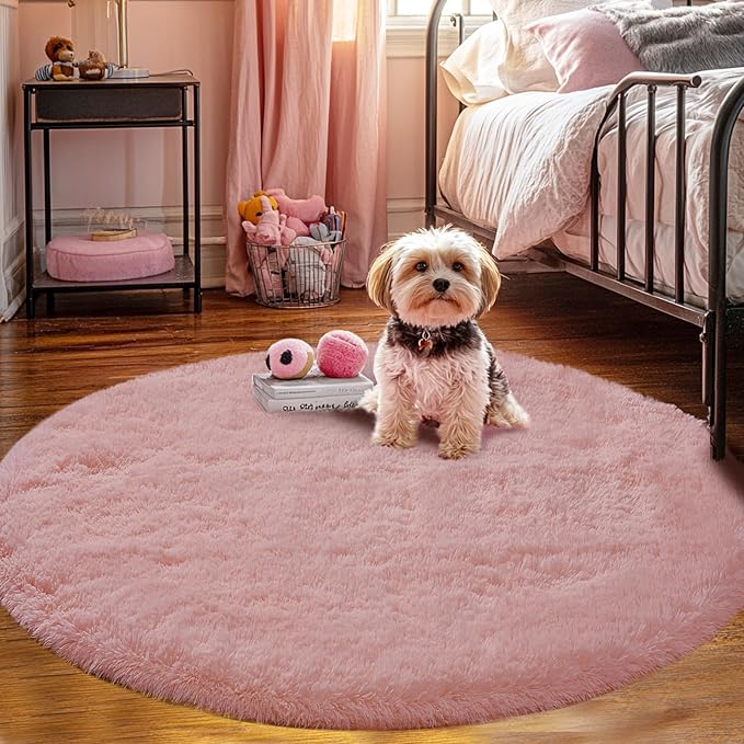 Round 5x5ft Fluffy Blush Rug: Ultra Soft Furry Girls Bedroom Carpet- Circle Plush Shag Nursery Rug for Girls Room & Kids Room- Blush Plush Area Rugs for Bedroom, Living Room, Home Decor