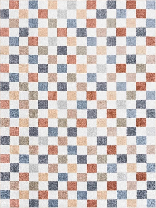 BoutiqueRugs Alia Colorful Modern Checkered Area Rug - Contemporary Geometric Carpet for Hallway, Nursery, Girls Boys Room - Machine Washable - White, Blue, Peach, Rust - 7'10" x 10' (8x10)