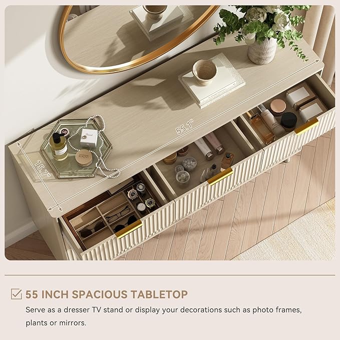 CARPETNAL Fluted 9 Drawer Dresser for Bedroom, 55" Wide Wooden Chest of Drawers with Rounded Corners, Gold Handles, Modern Storage Organizer for Bedroom, Hallway (Beige)