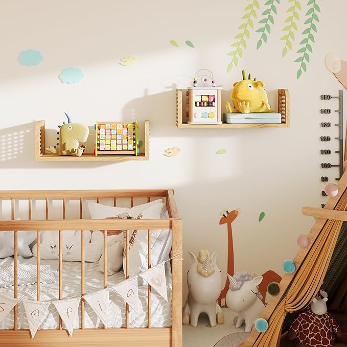 Rattan Shelf Set of 2, Cute Nursery Shelves Wall Mounted, Natural Hanging Bookshelf Storage, Boho Decorative Floating Shelves for Kids Room, Living Room, Play Room, Bedroom, Home Decor