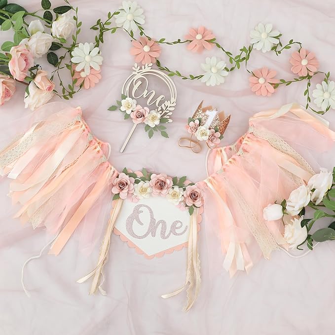 Wildflower 1st High Chair Banner Birthday Party Decorations for Girl Light Pink One Flower Cake Topper 1st Birthday Decorations Supplies