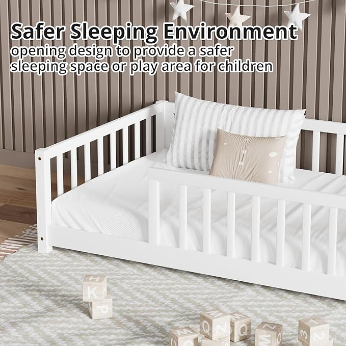 LLS Twin Floor Bed for Kids Solid Wood Montessori Bed Frame with Safety Guardrails Multifunctional Montessori Floor Bed for Toddlers, Without Door, Easy Assemble, White