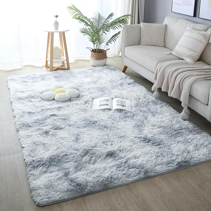 5x8 Light Grey Fluffy Shag Area Rug for Bedroom, Soft Plush Fuzzy Washable Non Slip Carpet for Living Room, Modern Cozy Furry Shaggy Large Rug for Kids Baby Boys Nursery Dorm, Tie-Dye Gray