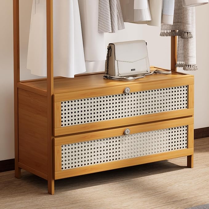 Clothing Rack with Shelves,Bamboo Clothes Rack,Natural Clothes Rack Hanging,Drawers Hanging Racks,Garment Racks with Shelves (27.6inch Width Natural with Rattan Door)