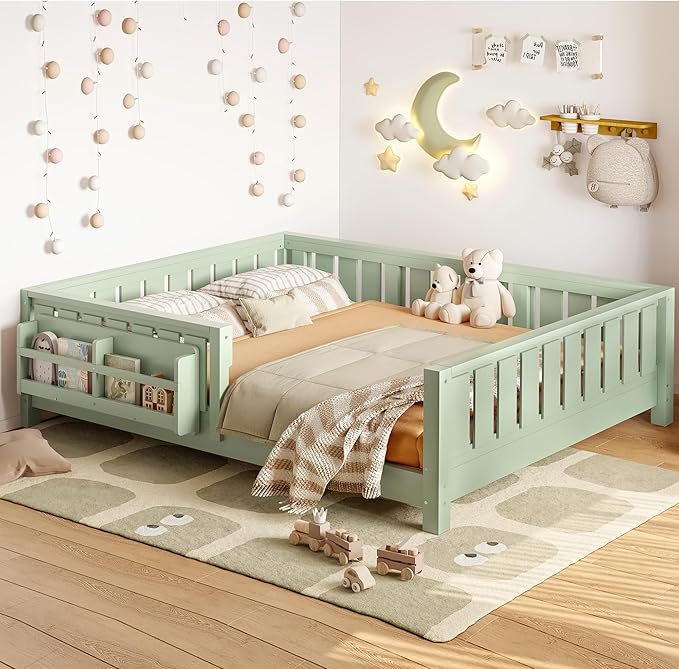 Bellemave Full Size Floor Bed with Slats and Safety Guardrail, Full Size Montessori Floor Bed with Fence and Built-in Bookshelf, Easy Assemble Montessori Beds for Kids, Girls, Boys, Green