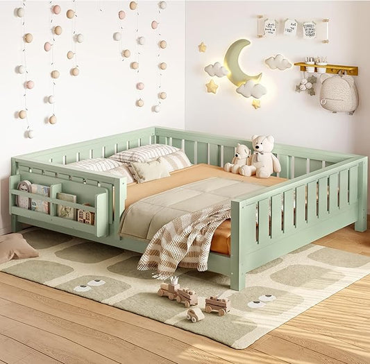 Bellemave Full Size Floor Bed with Slats and Safety Guardrail, Full Size Montessori Floor Bed with Fence and Built-in Bookshelf, Easy Assemble Montessori Beds for Kids, Girls, Boys, Green