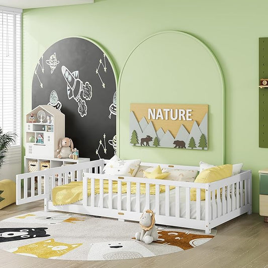 Twin Size Floor Bed for Kids, Wood Montessori Floor Beds with Fence Railings, Door & Slats Support, Twin Playhouse Bed Frame for Boys Girls, No Box Spring Needed, White