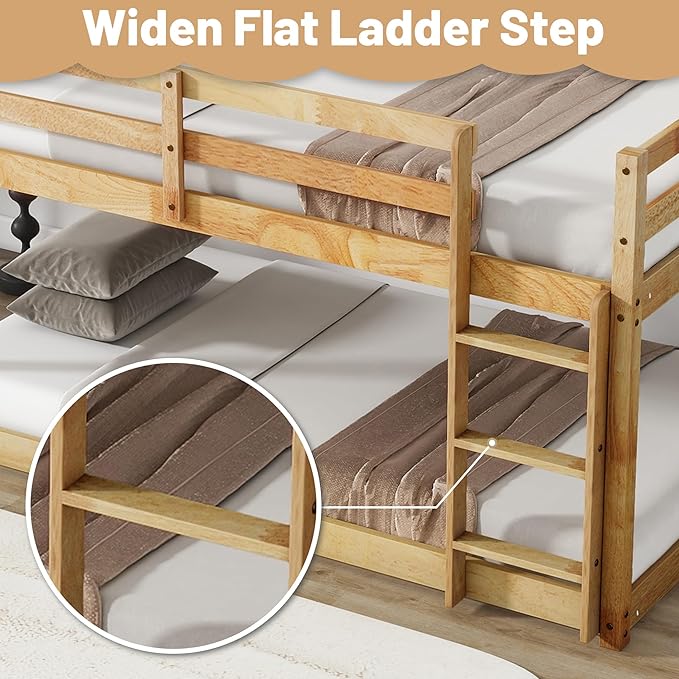 Bunk Bed Twin Over Twin, Wood Low Profile Floor Twin Bunk Beds with Ladder Guardrails for Kids Boys and Girls, No Box Spring Needed