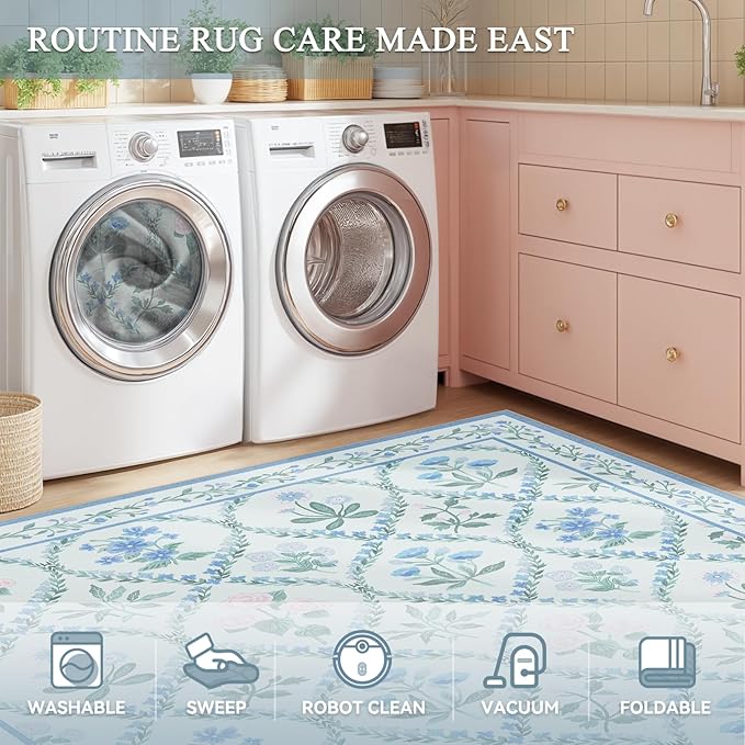 Blue 8x10 Rugs for Living Room, 8x10 Boho Floral Washable Area Rug Non Slip, Soft Cute Indoor Decor Elegant Carpet for Bedroom Kids Room Nursery Dining Room,Blue Multi