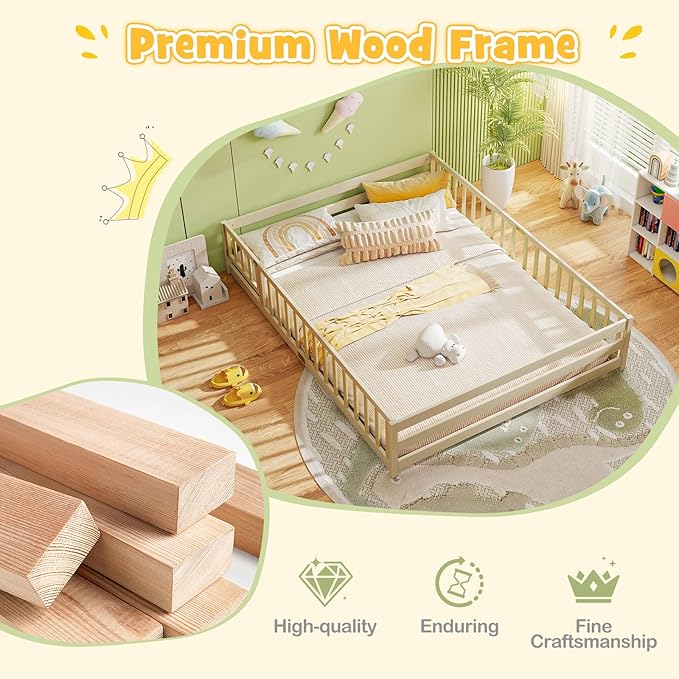 KOMFOTT Queen Size Wood Floor Bed with Door & Fence, Montessori Bed Frame with Full Length Safety Guardrails, Door & Latch, Wooden Montessori Floor Bed for Kids, Girls, Boys (Queen,Natural)